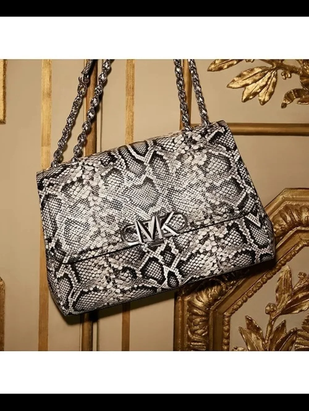 Michael Kors Parker Extra Large Snake Embossed Leather Shoulder Bag Gray Black